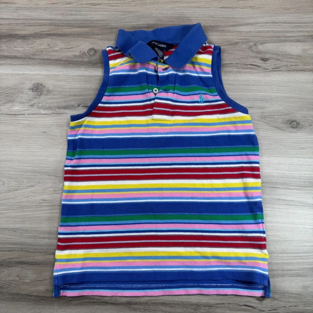 Ralph Lauren Kids‎ Sleeveless Polo Shirt Multi Color Stripe Cotton L 12/14